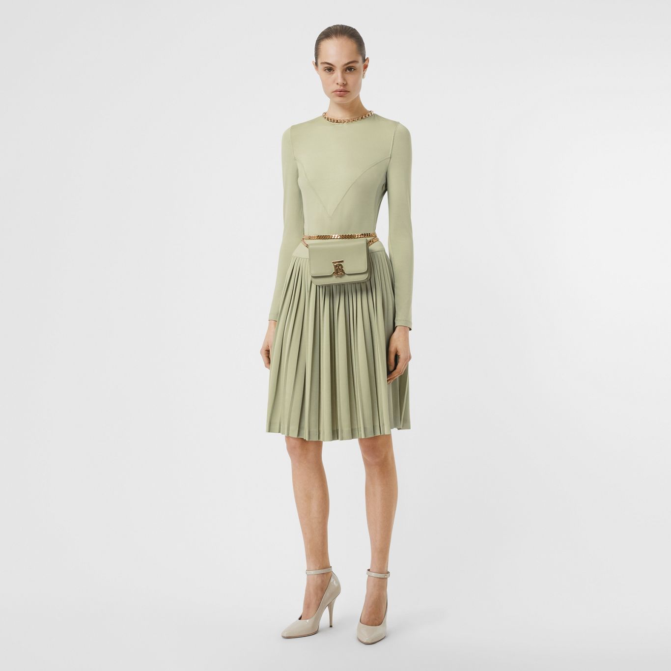 Chain Detail Pleated Stretch Silk and Crepe Dress